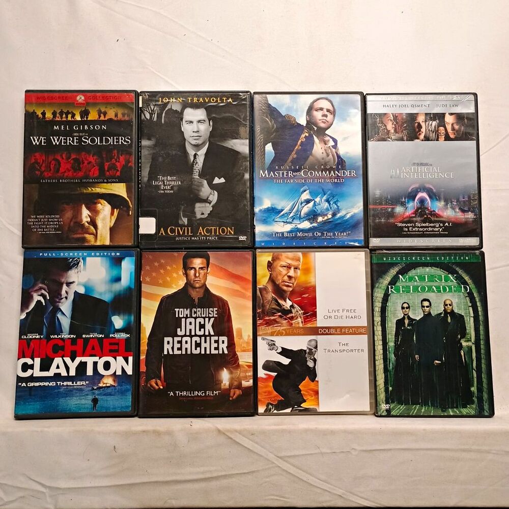 8 DVD Movie Lot Jack Reacher Matrix Reloaded We Were Soldiers A.I. + More